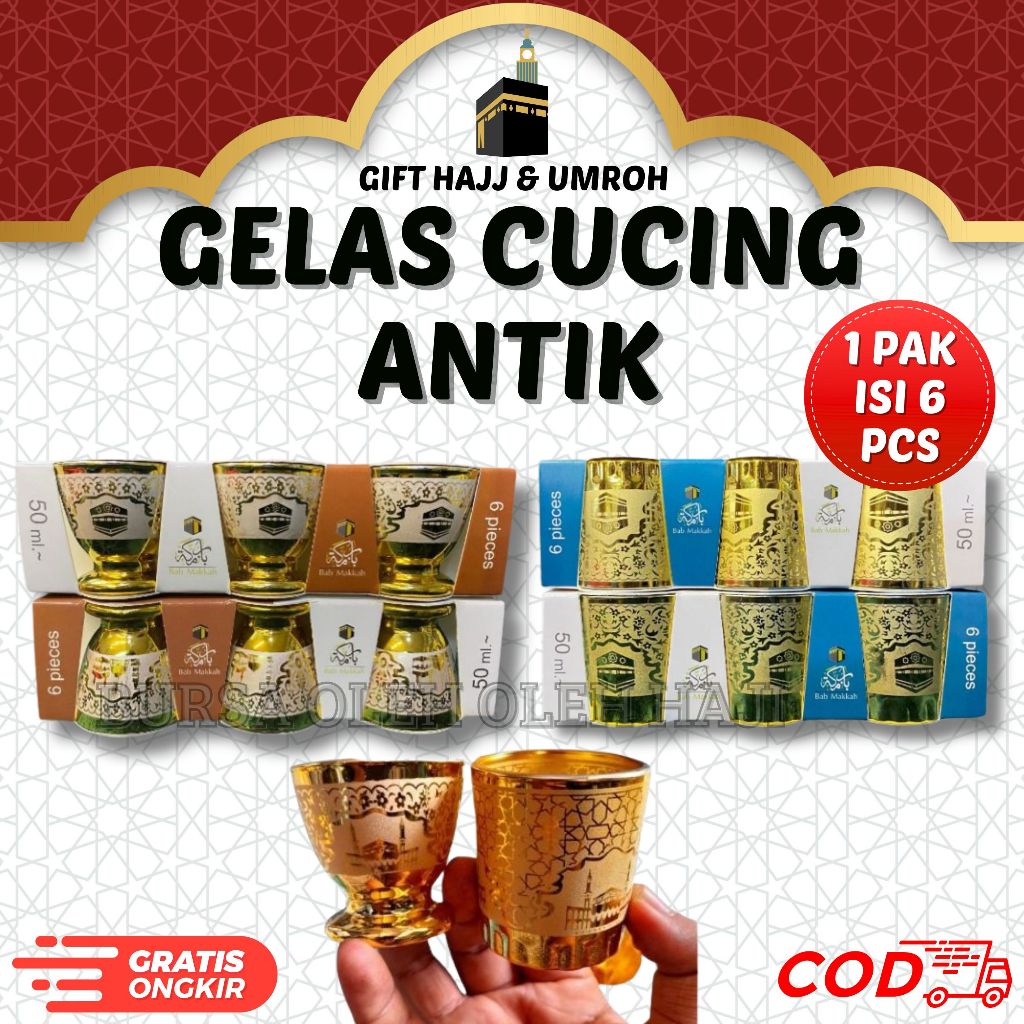 GELAS CUCING ANTIK GOLD 1 PAK ISI 6 PCS GELAS GELAS KACA GOLD GELAS AIR ZAM ZAM UKURAN 50 ML GELAS M