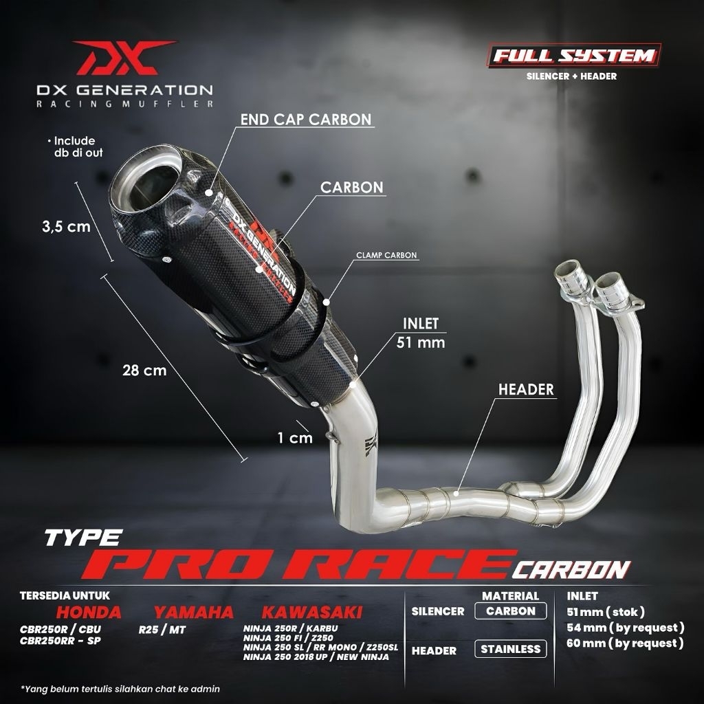 Knalpot ORIGINAL DX Pro Race Carbon (FULL SYSTEM) R25, MT25, CBR 250R, CBR 250RR, Ninja 250 Karbu, N