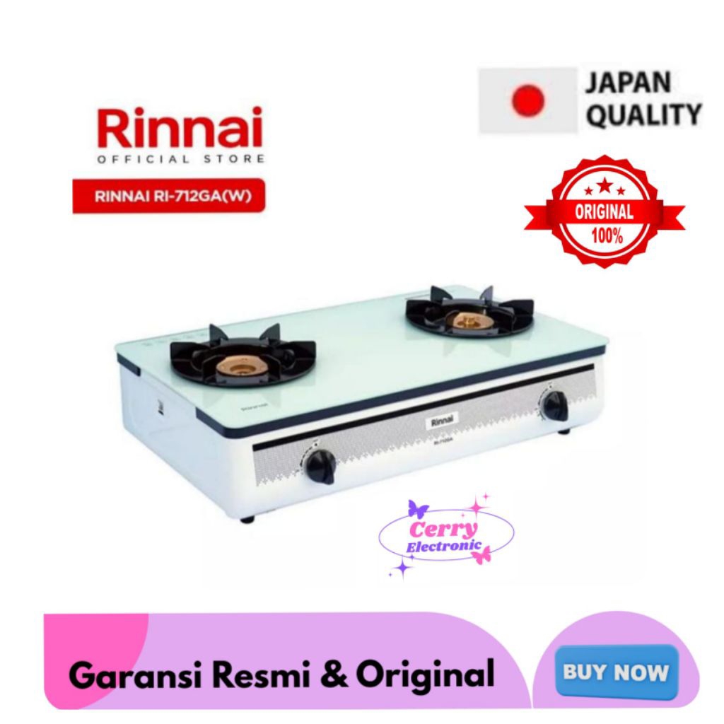 Kompor Gas Rinnai RI 712GA W 2Tungku/ Rinnai RI 712GA W Tempered Glass