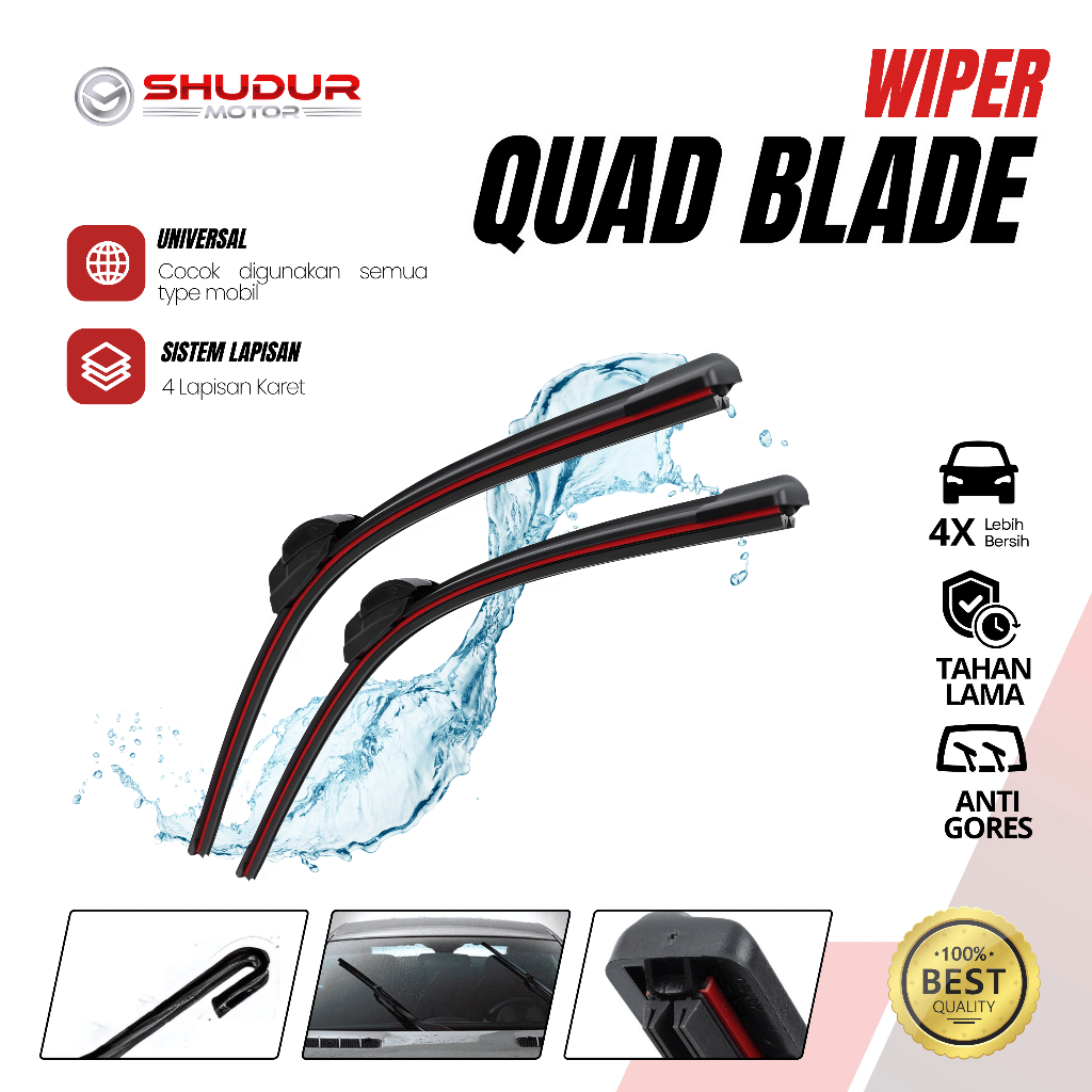Wiper Quad Blade 4 Lapis Karet Frameless Universal 1 Set Kiri dan Kanan Tanpa Rangka Besi U601