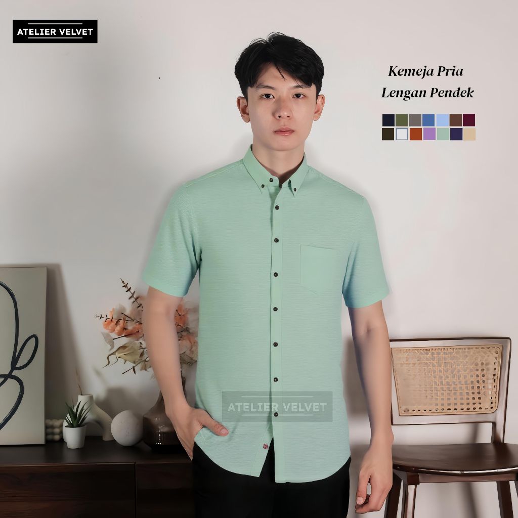 Kemeja Polos Pria Lengan Pendek Warna Sage Hijau Sage Green Cowok Laki Laki Katun Size M-XXXL