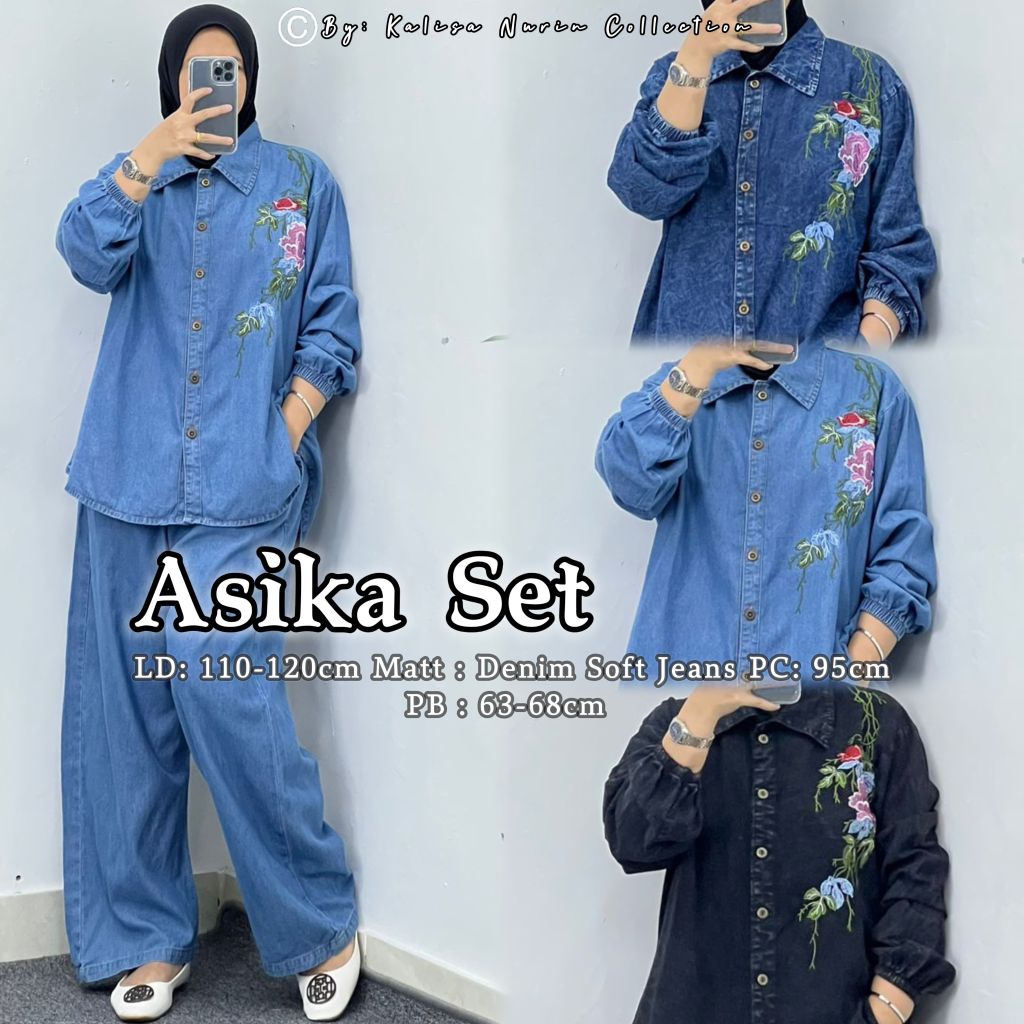 KN-Asika Setcel Jeans Wanita mix bordir (Setelan Levis Hijab friendly busui friendly)
