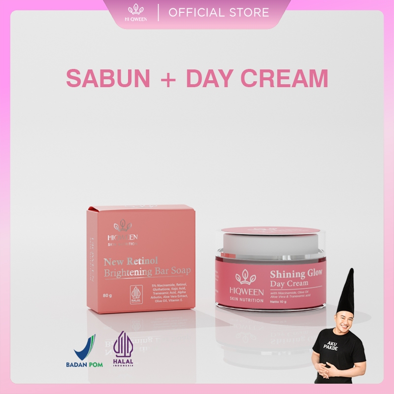 HIQWEEN SABUN RETINOL + SHINING GLOW DAY CREAM Krim Siang Malam Niacinamide Mencerahkan Flek Melasma