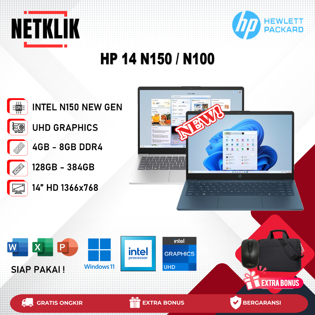 Laptop HP 14 Intel N150/N100 RAM 8GB 384GB Windows 11 Baru Promo