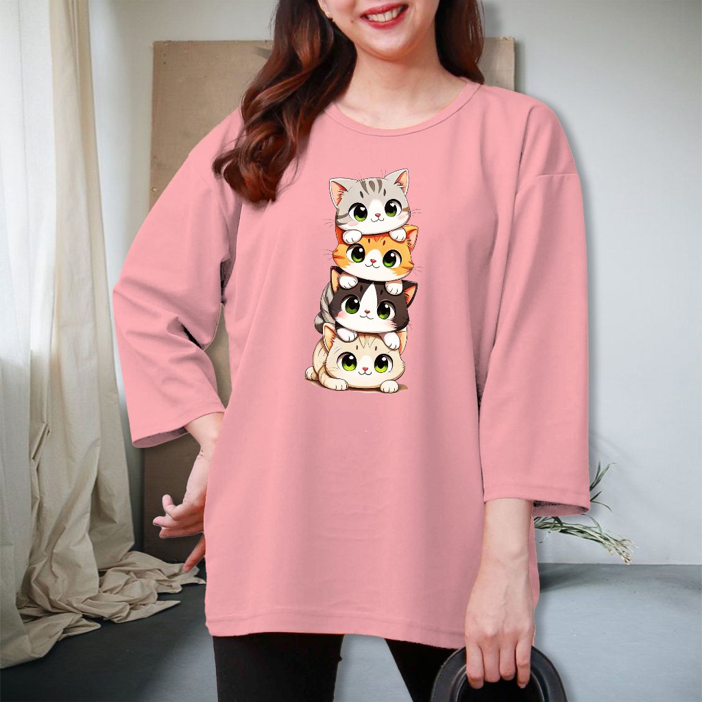 Kaos Atasan Oblong Wanita Jumbo Print Kucing Baris Bahan Voxy Ukuran Xxxl Oversize