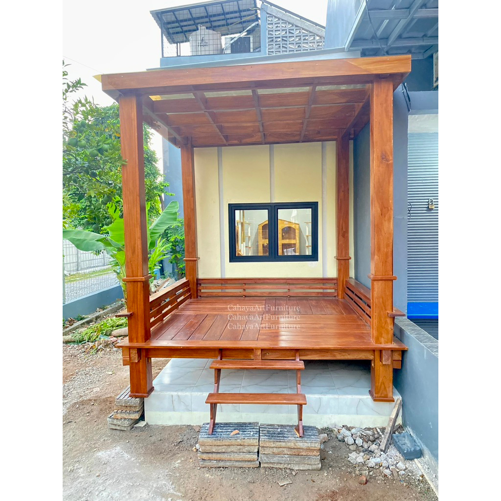 gazebo pargola taman kayu jati ukuran 2x2 meter atap solarflat, gazebo minimalis kayu jati , gazebo 