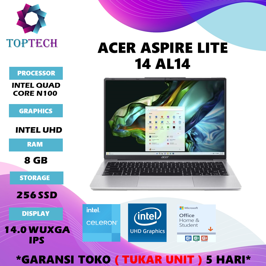 LAPTOP ACER ASPIRE LITE 14 AL14 N100 RAM 8GB SSD 256GB W11+OHS 14.0WUXGA