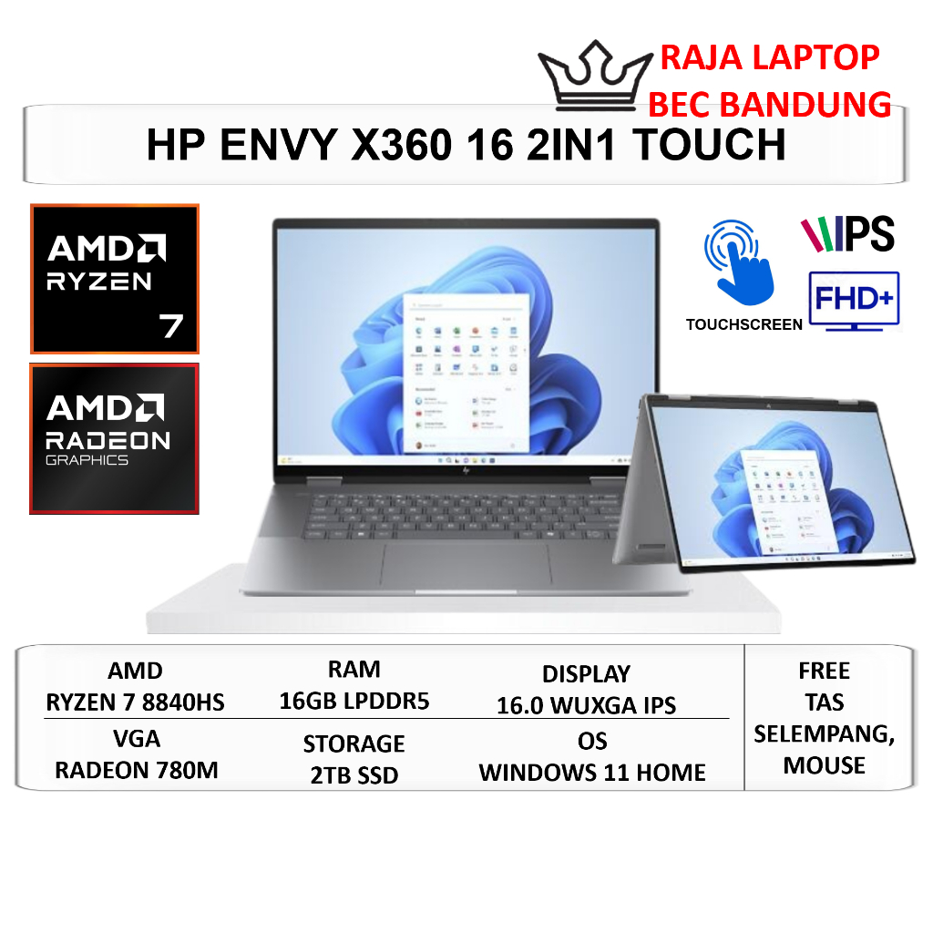 Laptop Gaming Touchscreen HP Envy 16 x360 Ryzen 7 8840HS Ram 16GB SSD 2TB 16" WUXGA Windows 11 Home