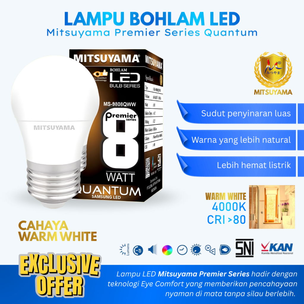 Lampu Bohlam LED 8 Watt Cahaya Kuning MItsuyama Quantum Lampu LED 8W Lampu Rumah Warna Kuning