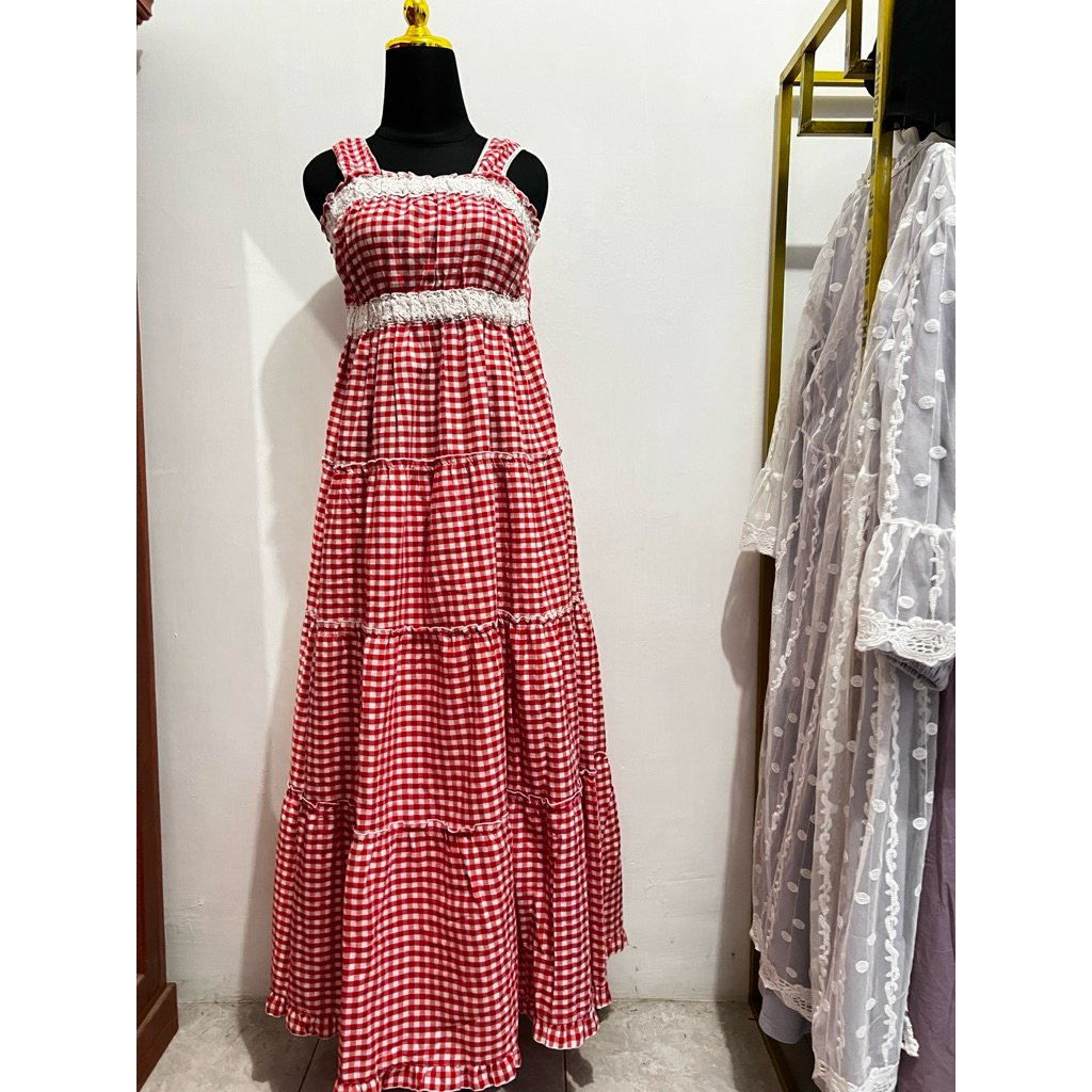 dress overall kotak-kotak merah putih