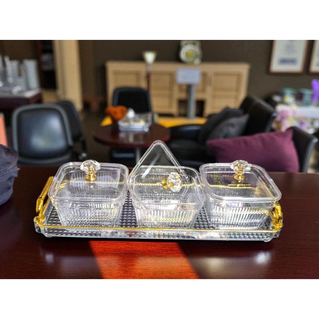 Set nampan dan box penyimpan permen coklat mini akrilik -  akrilik tebal bening list gold