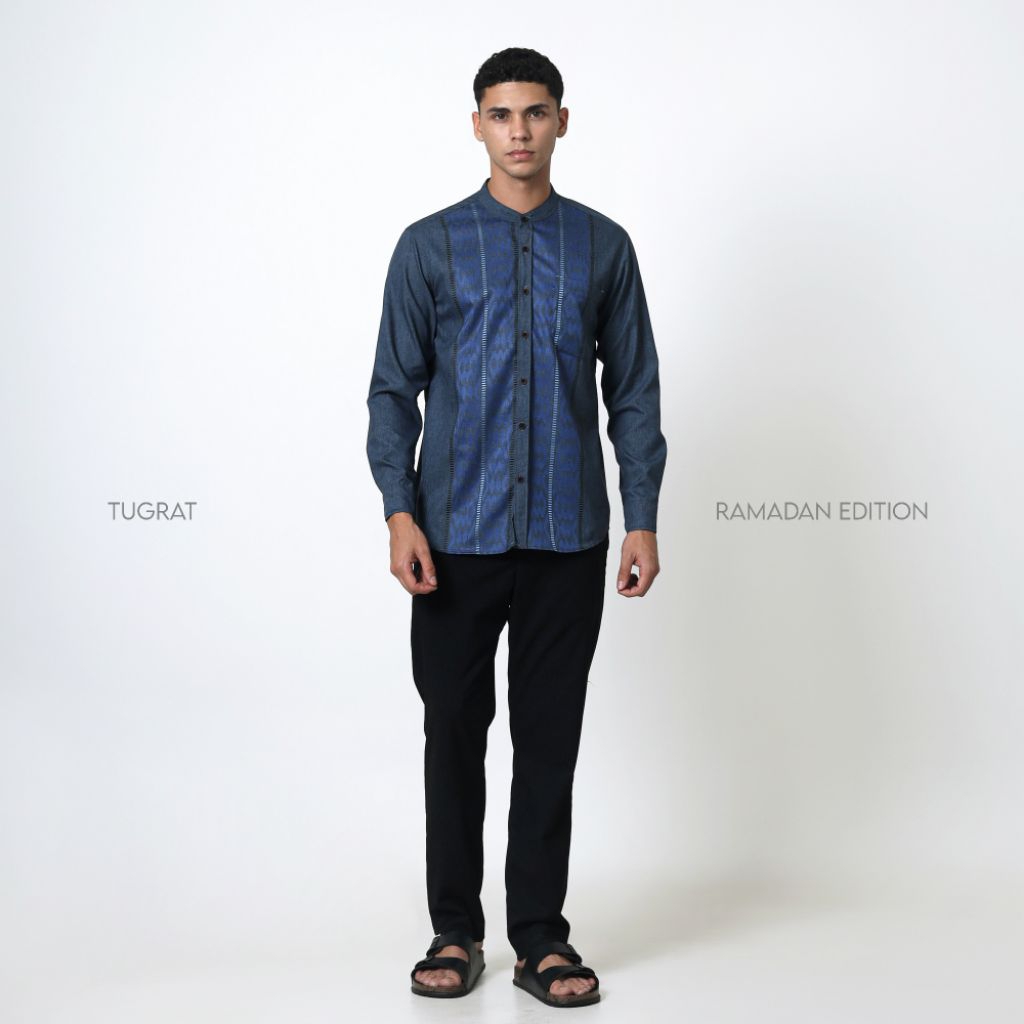 Baju Koko Dewasa Katun Madinah Songket Elegan Lengan Panjang - Navy