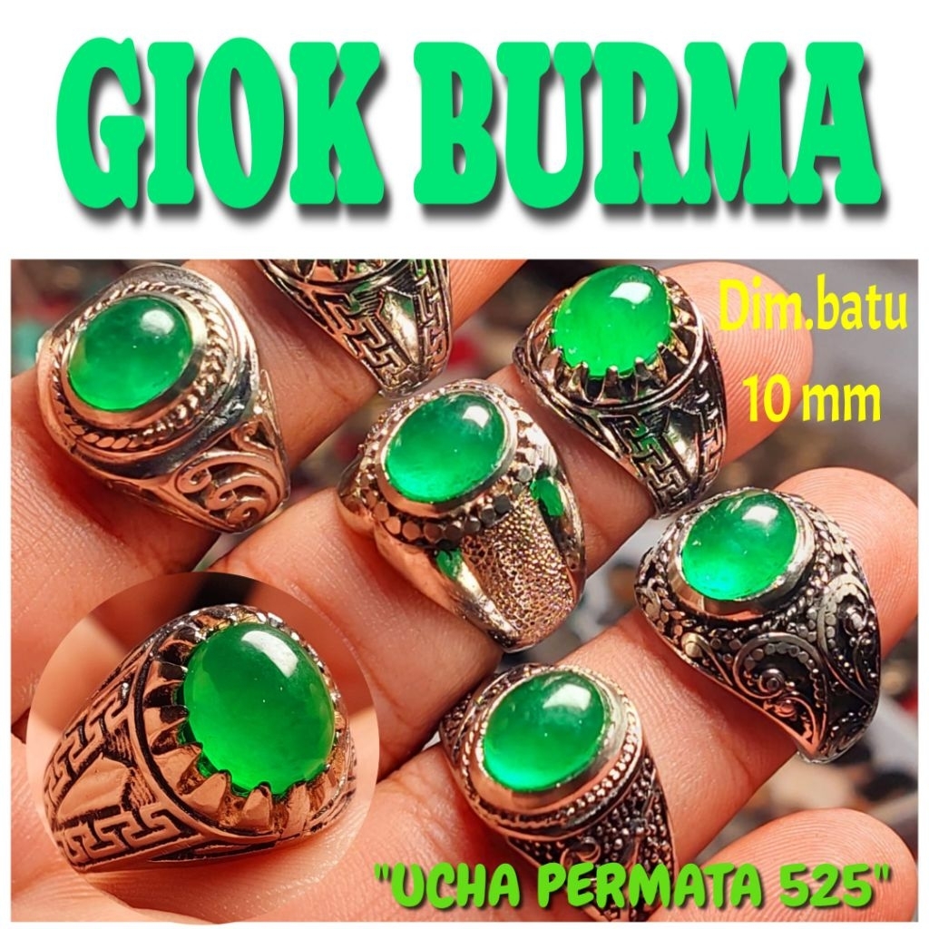 Cincin batu giok burma 10mm tipe C asli natural alam / jedait jade / green jade