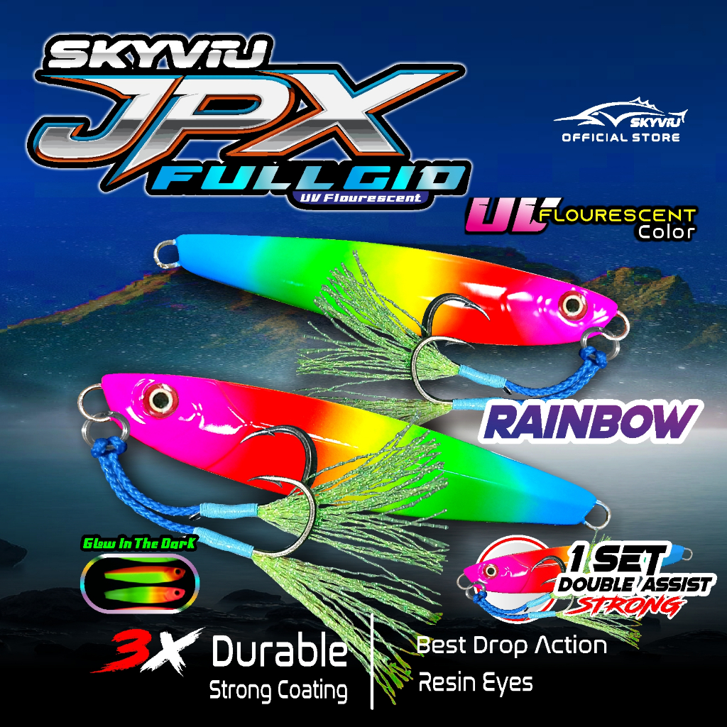 Metal Jig 40 Gram SKYVIU JIGPARA Full GID Neon UV Flourscent Double Assist Umpan Pancing Jigging Mal