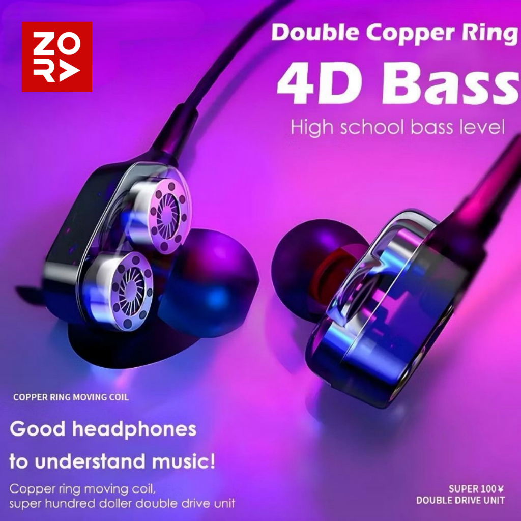ZORA Earphone Bass Double Copper Ring Drive In-Ear Headset Gaming Transparan Hifi Sound Sport Earbud
