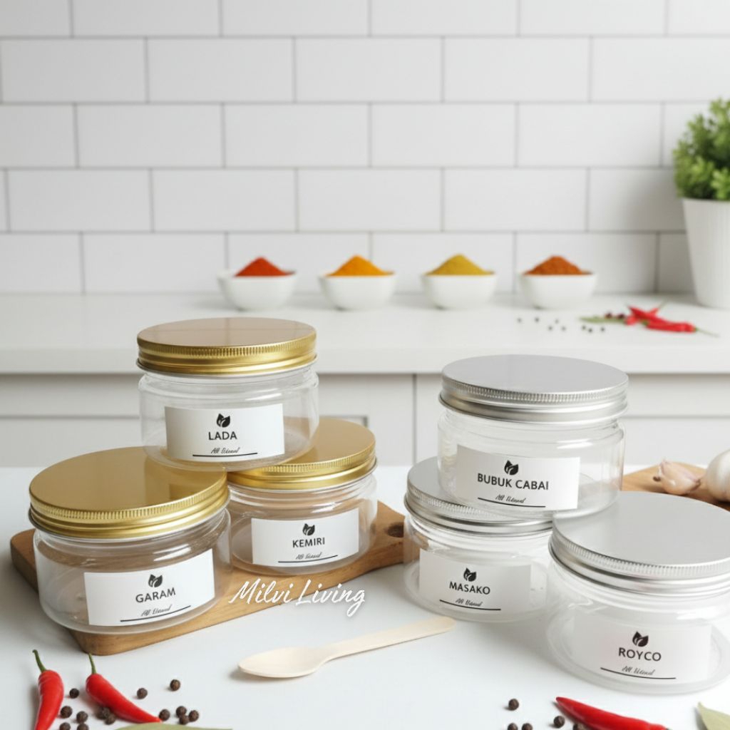 Toples Bumbu Aesthetic 300 ML TUTUP GOLD & SILVER free sendok dan label waterproof