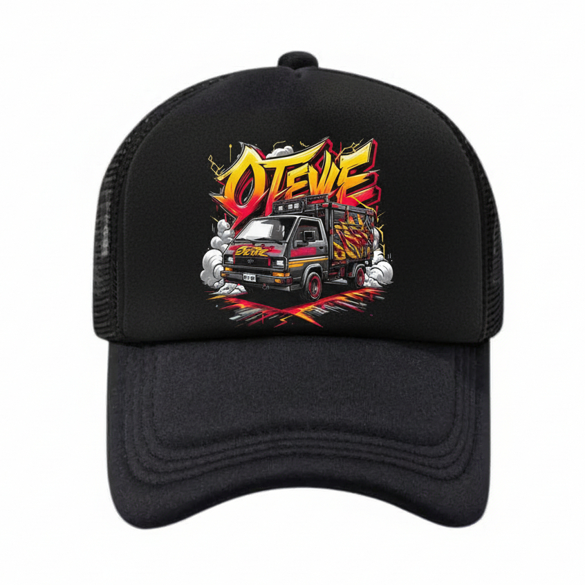 Topi jaring cowok remaja dewasa, Topi hitam putih motif kata kata, Topi trucker, Topi kata murah