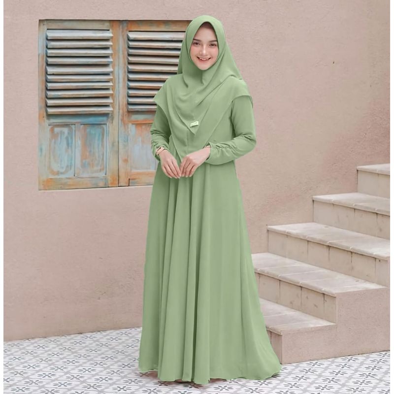 Mayra Gamis + hijab /Baju Muslim Polos Busui ( Bahan Shakila /Sage /Putih/ Ukuran S Abaya Series Set