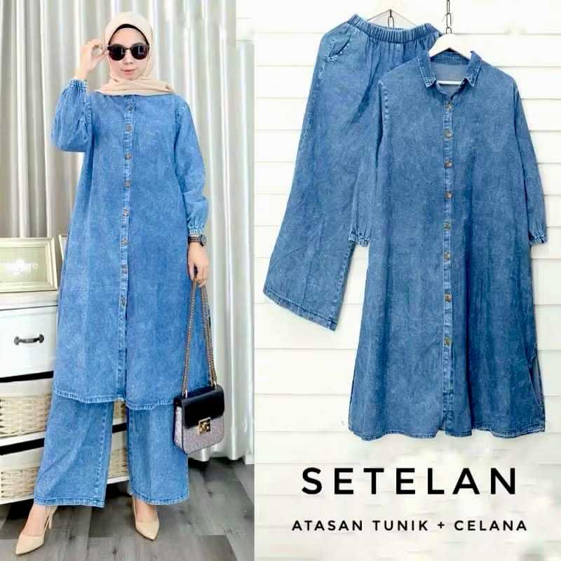 Setelan jeans Jammie set setelan jeans atasan dan celana setelan kekinian one set kulot jeans tunik 