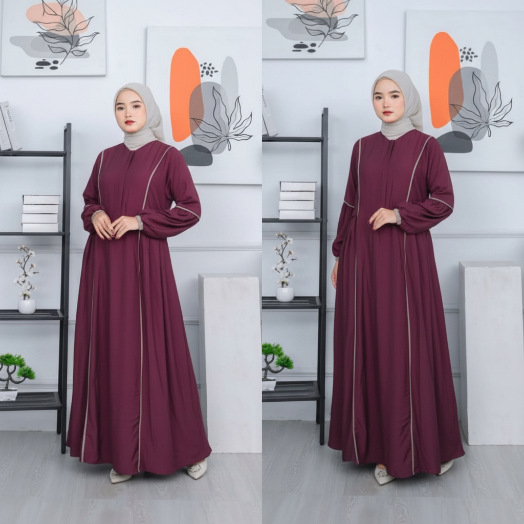 Gamis Wanita Muslimah Polos Elegan Terbaru 2026 Long Dress Merah Maroon Panjang Polo Linen- LUNAVIA