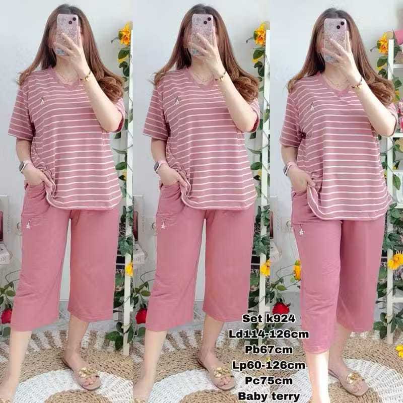 ( GRATIS ONGKIR ) Setelan 7/8 Jumbo Kerah Hush Salur Babyterry Import Tebal Bordir Elegan OneSet Wan