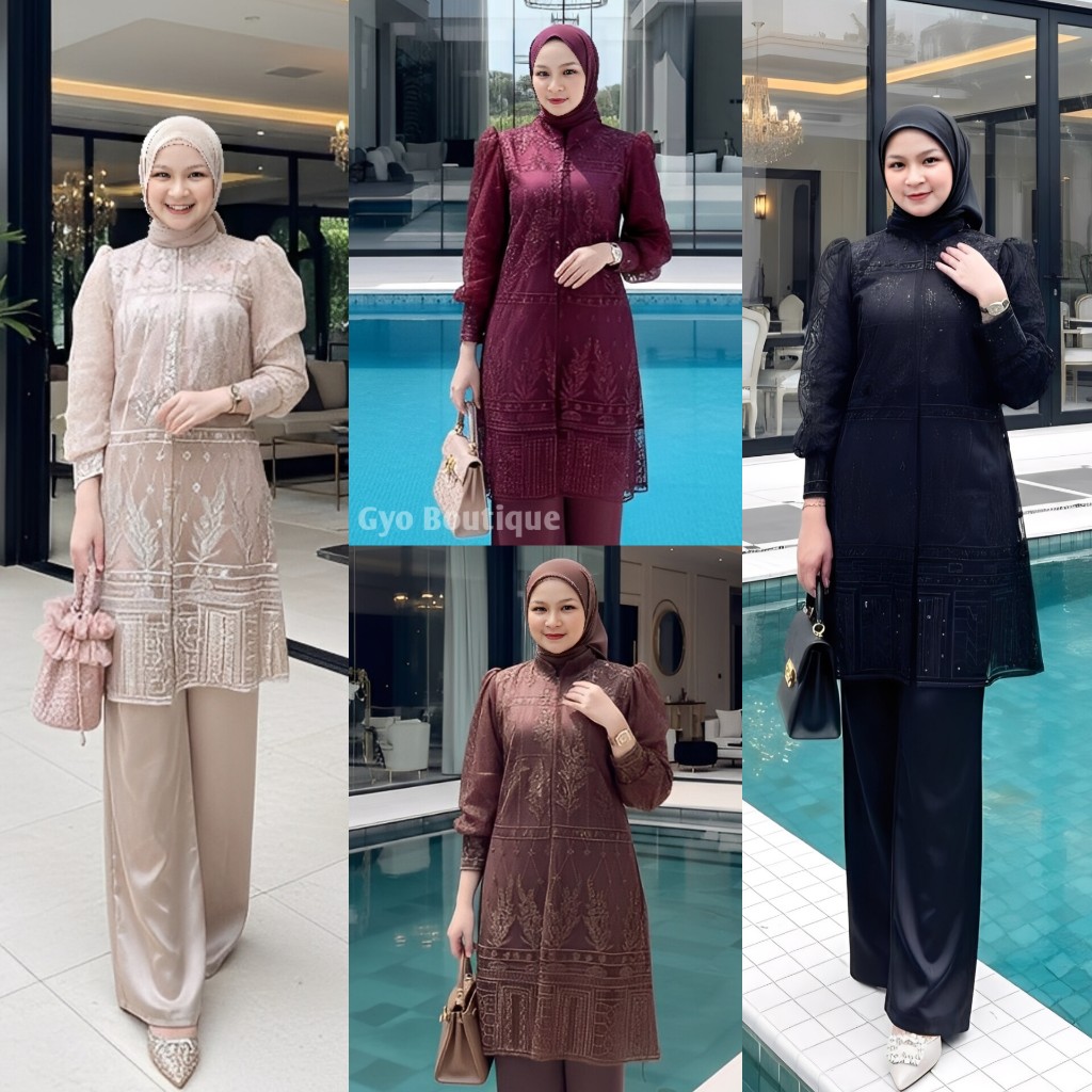 GYO PREMIUM INNER OUTER BURGUNDY SETELAN WANITA SAKURA ONE SET MOTIF TILE BROKAT TUNIK PESTA MAXMARA