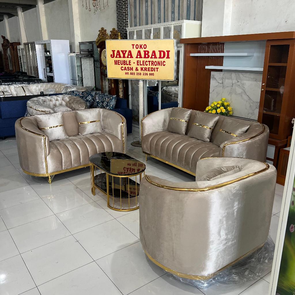 Sofa MInimalis / Sofa List Gold Meja hpl Set Bantal