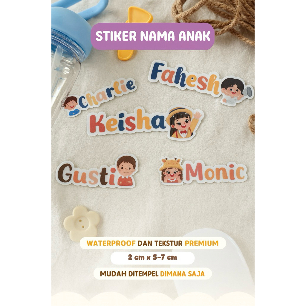 STIKER NAMA ANAK KARAKTER / STIKER VYNIL CUSTOM / STIKER CUSTOM WATERPROOF