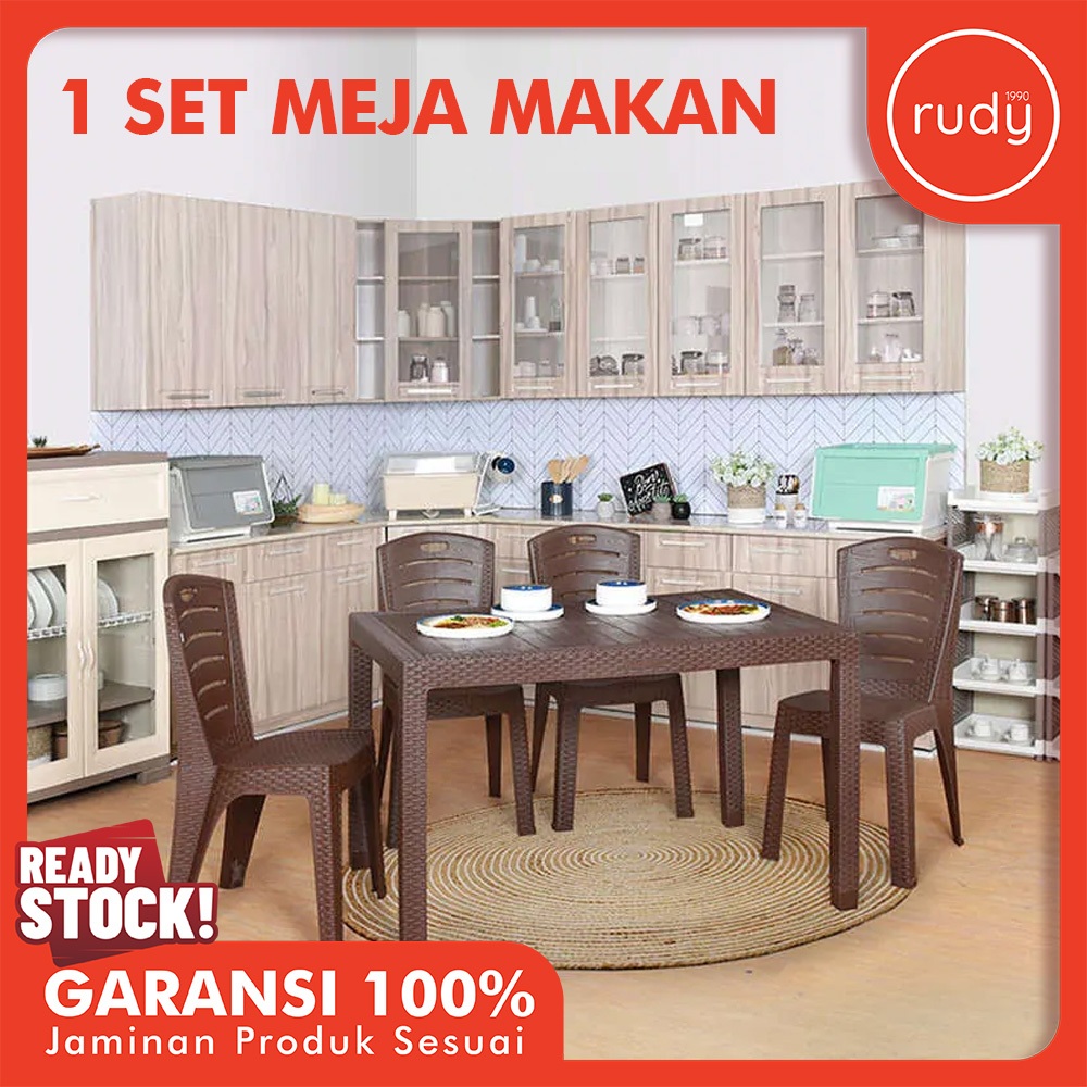 1 Set Meja Makan Plastik 120 ODT-R + 4 Kursi Olymplast Rotan OL 203R / Meja Makan Olymplast / Kursi 