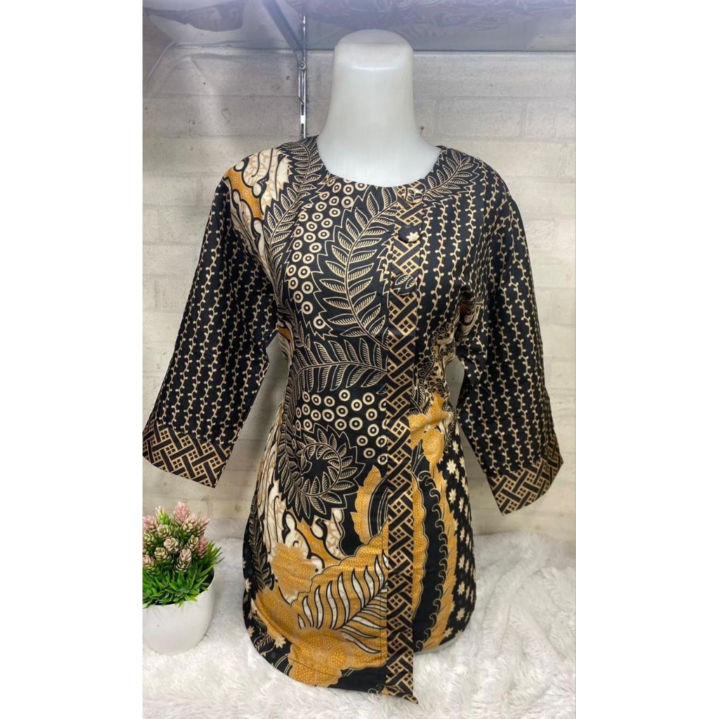 Blouse Batik Wanita Berlapis/Furing Hero Warna Coklat kombinasi kuning kunyit, Motif Simple dan Mewa