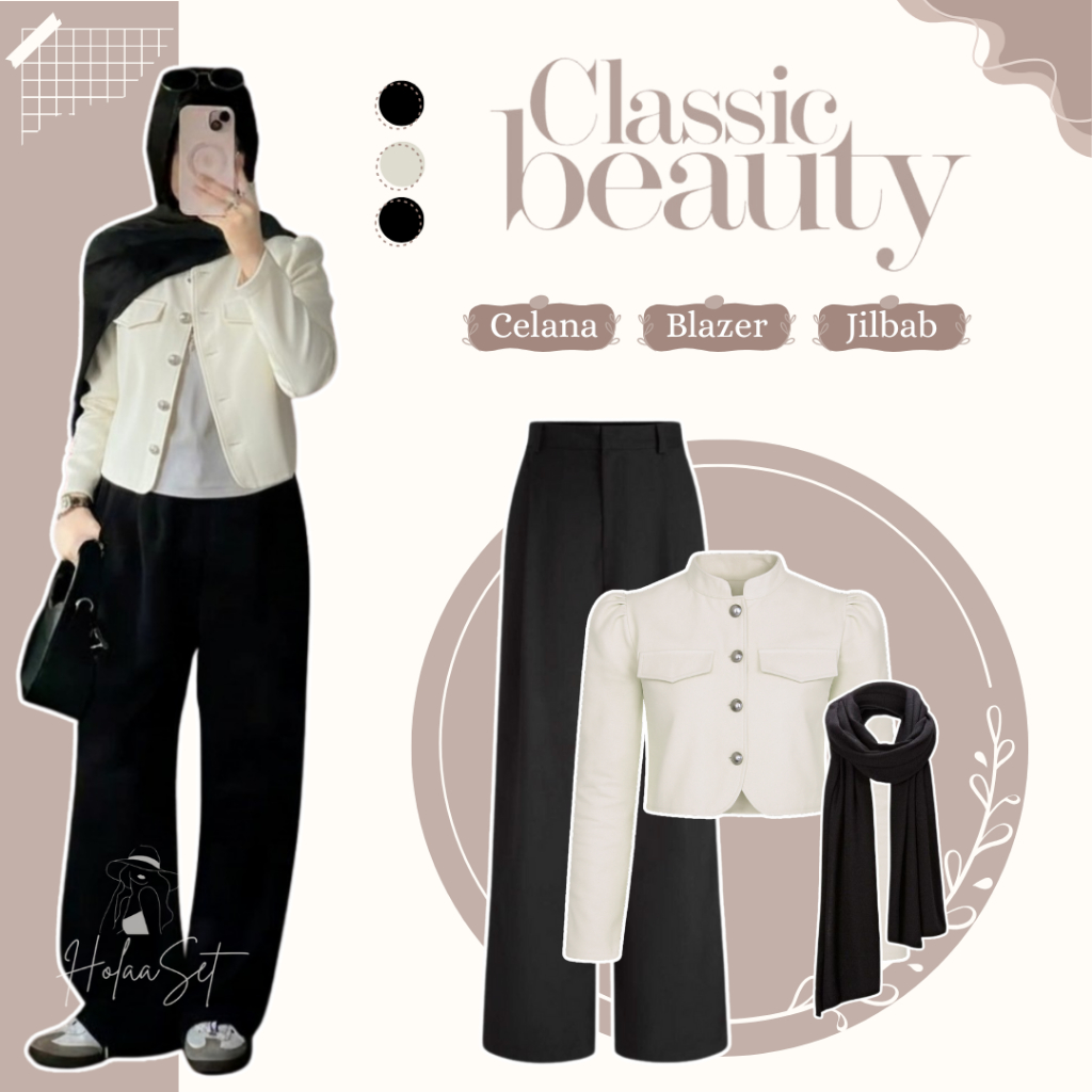 Outfit Korean Look 3in1 (Sonia Blazer - Celana Kulot - Pasmina) One Set Remaja Wanita Terbaru HO243N