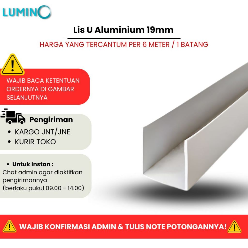 Lumino 11005A - Lis U Aluminium 3/4 /  Tali Air Dinding Tembok Lis U Aluminium 19mm Panjang 6 Meter