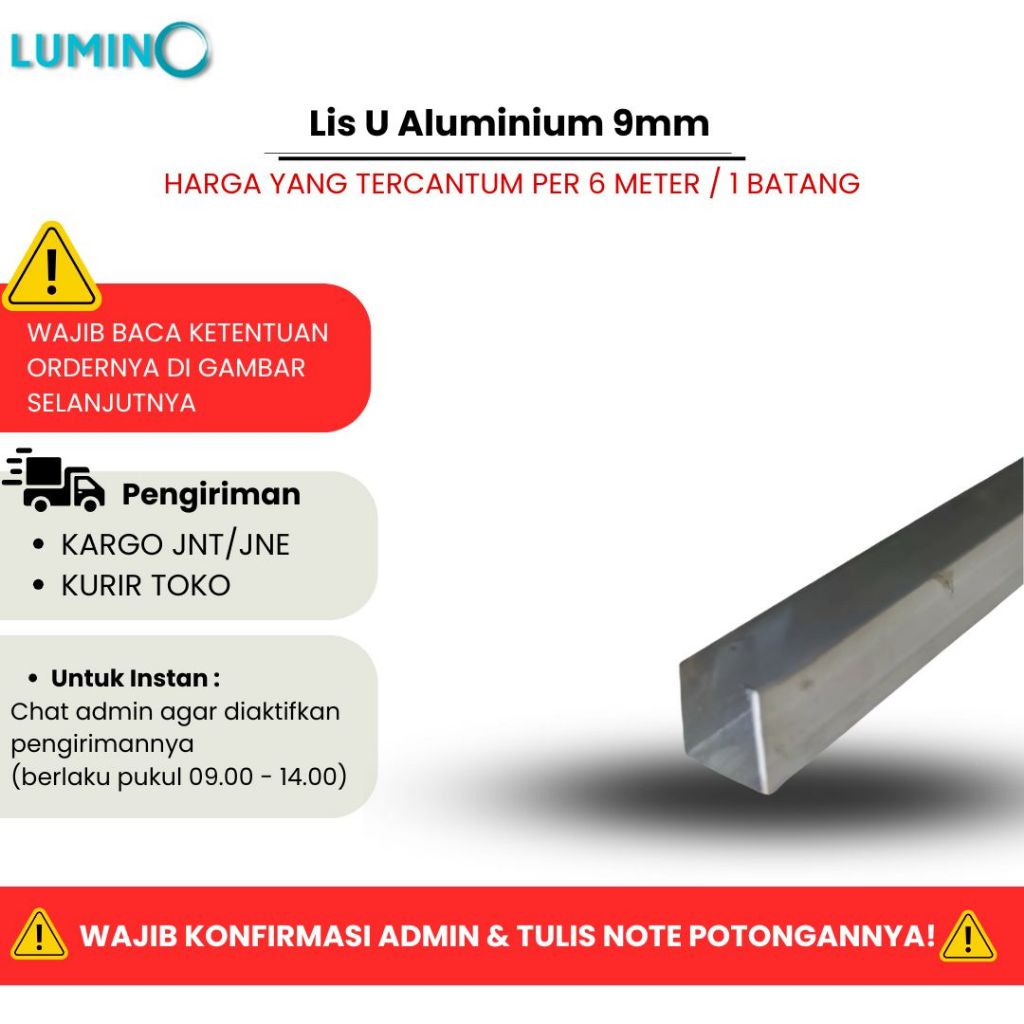 Lumino 11001A - Lis U Aluminium 3/8 / Lis U Aluminium Tali Air Dinding 9mm Panjang 6 Meter