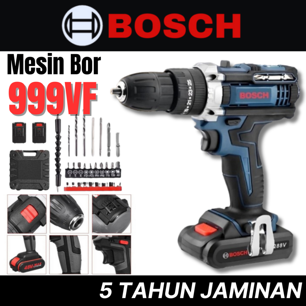 (COD) BOSCH Cordless Hand Drill / Bor Tembok Baterai (2 Set Baterai) - Bor Listrik Set Lengkap