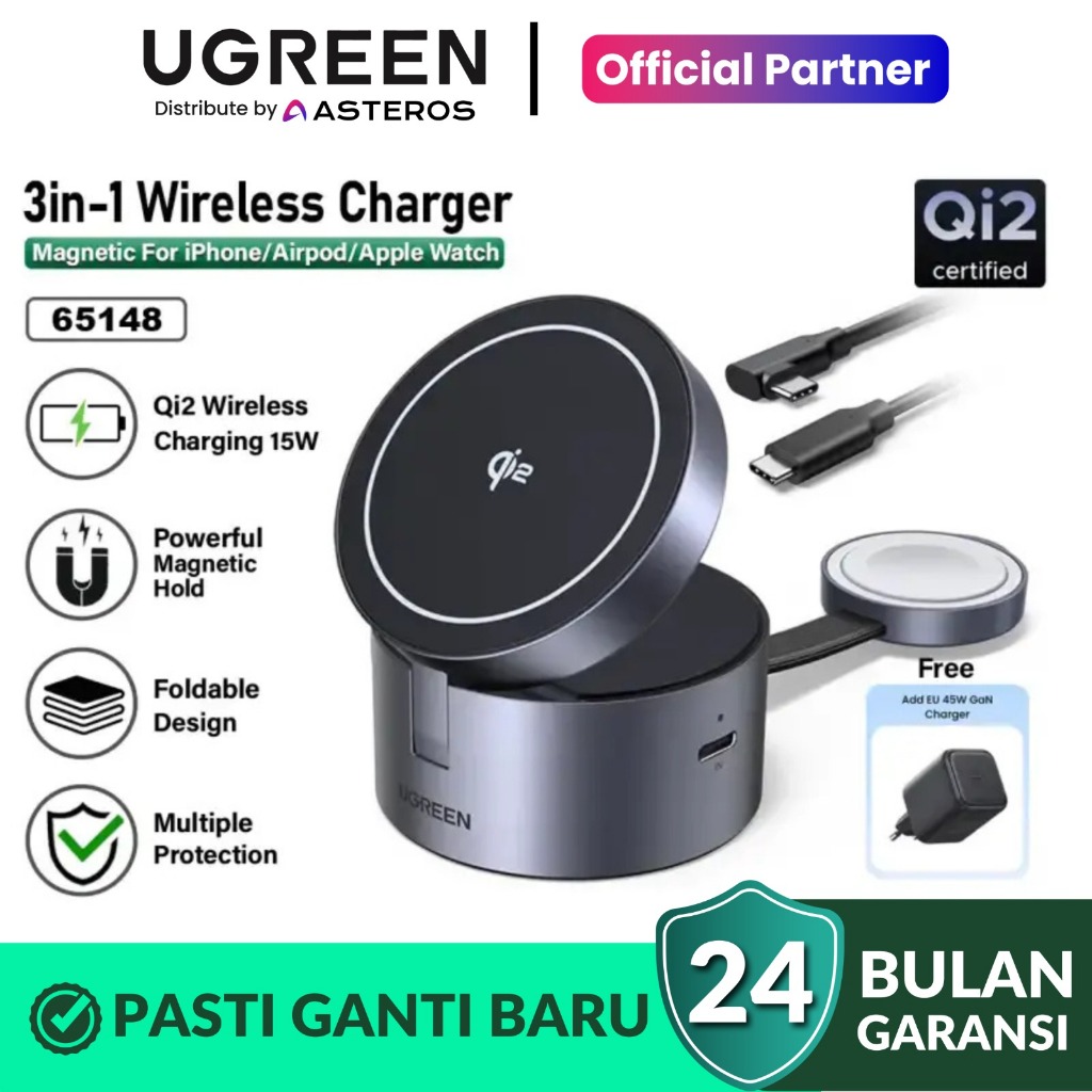 UGREEN 3 IN 1 Magnetic Wireless Charger Magsafe Qi2 Fast Charging 15w 65148