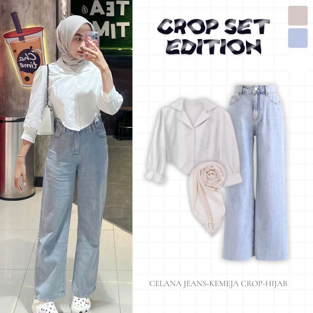 OOTD Cewek Kece Remaja Jeans Highwaist Hijab Kemeja Crop| Rekomendasi Outfit Elegan Style