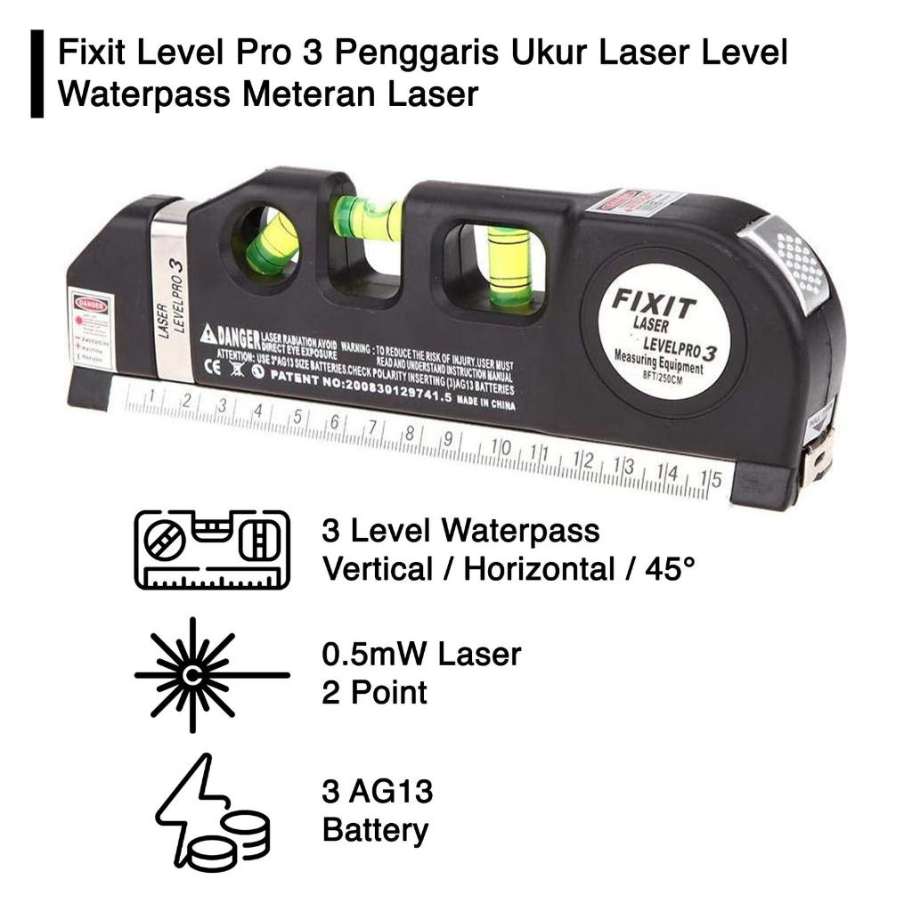 Fixit Level Pro 3 Penggaris Ukur Laser Level Waterpass Meteran Laser