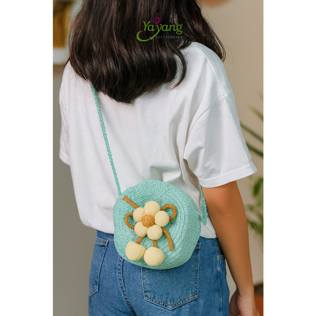 YAYANG Sling Bag Tas Jerami Bunga Size Medium - Aksesoris Fashion Tas Selempang Anak - NTS1532