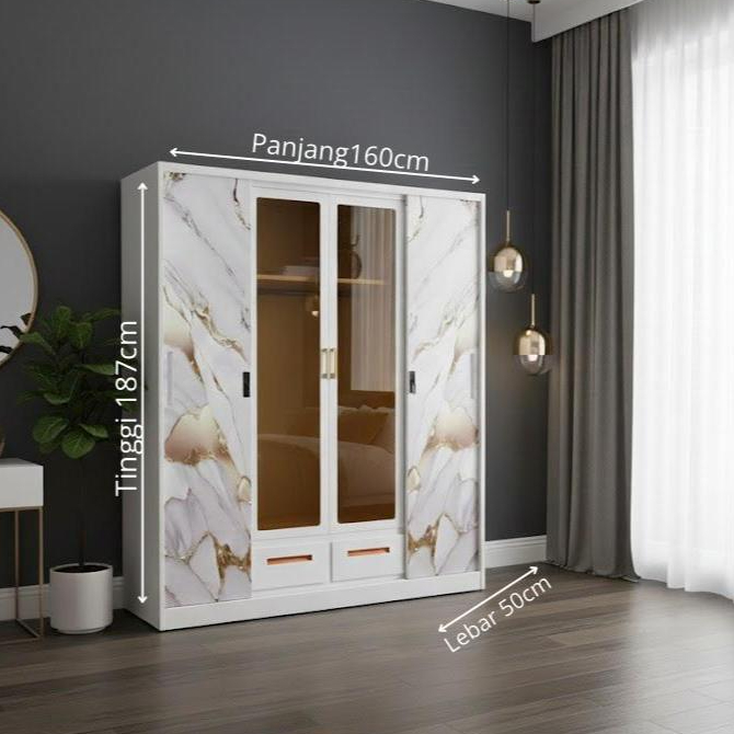 LEMARI BESI PAKAIAN LEMARI BESI SLIDING 4 PINTU LED BAR LEMARI BAJU BESI LEMARI BAJU PINTU GESER FUL
