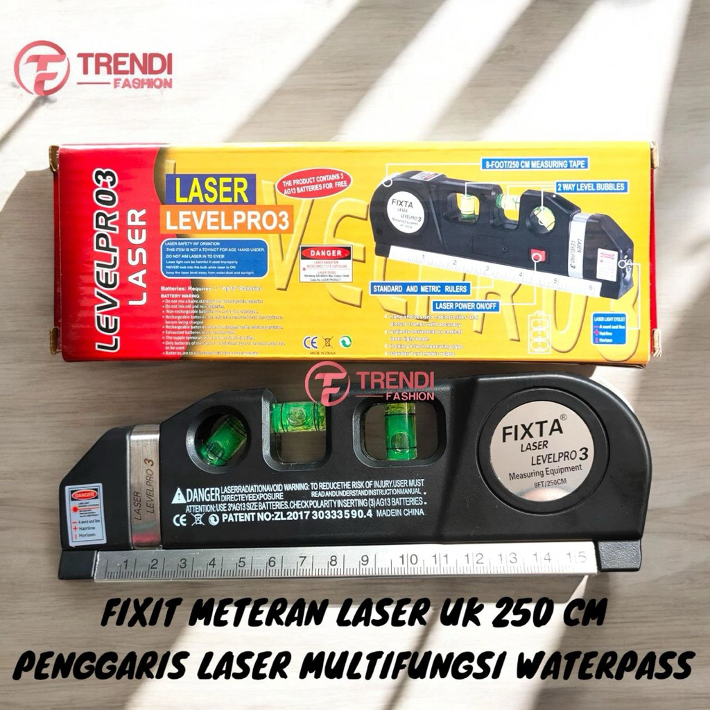 Fixit Meteran Laser 250cm Penggaris Fixit Level Pro 3 Penggaris Laser Waterpass Multifungsi