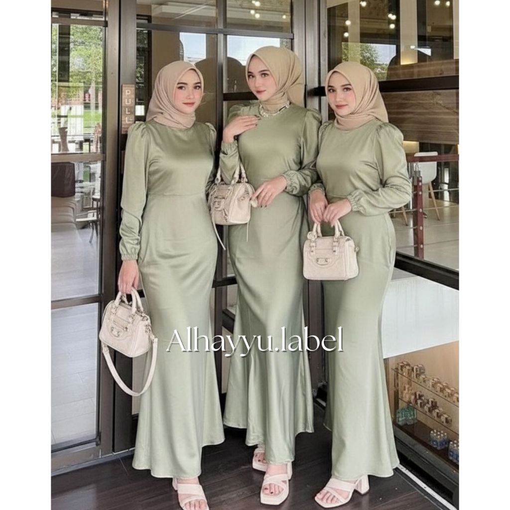 Elora Dress Satin Premium | Gamis Satin Mewah Glowsy Mutiara | Dress Kondangan Pesta Muslimah Wudhu 
