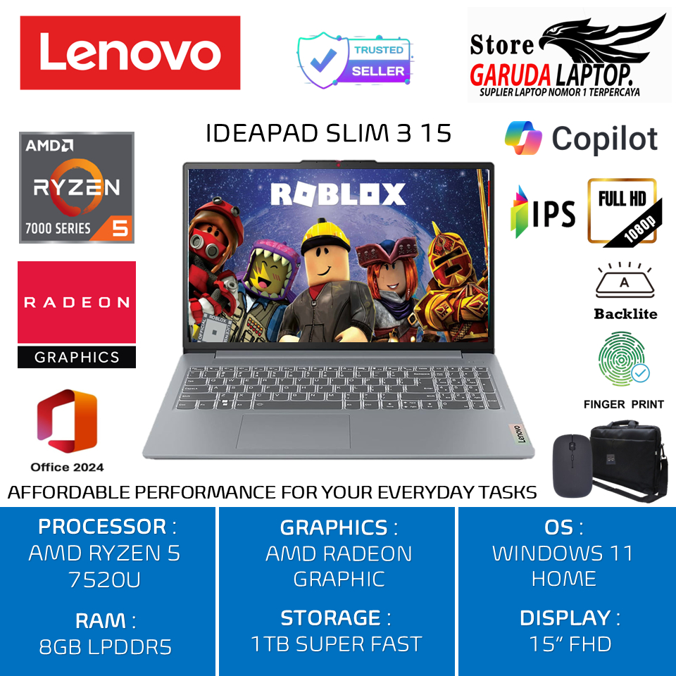 Laptop Lenovo Ideapad slim 3 Amd Ryzen 5 7520u slim 1 amd ryzen 3 7320U Ram 8GB SSD 2TB Fingerprint