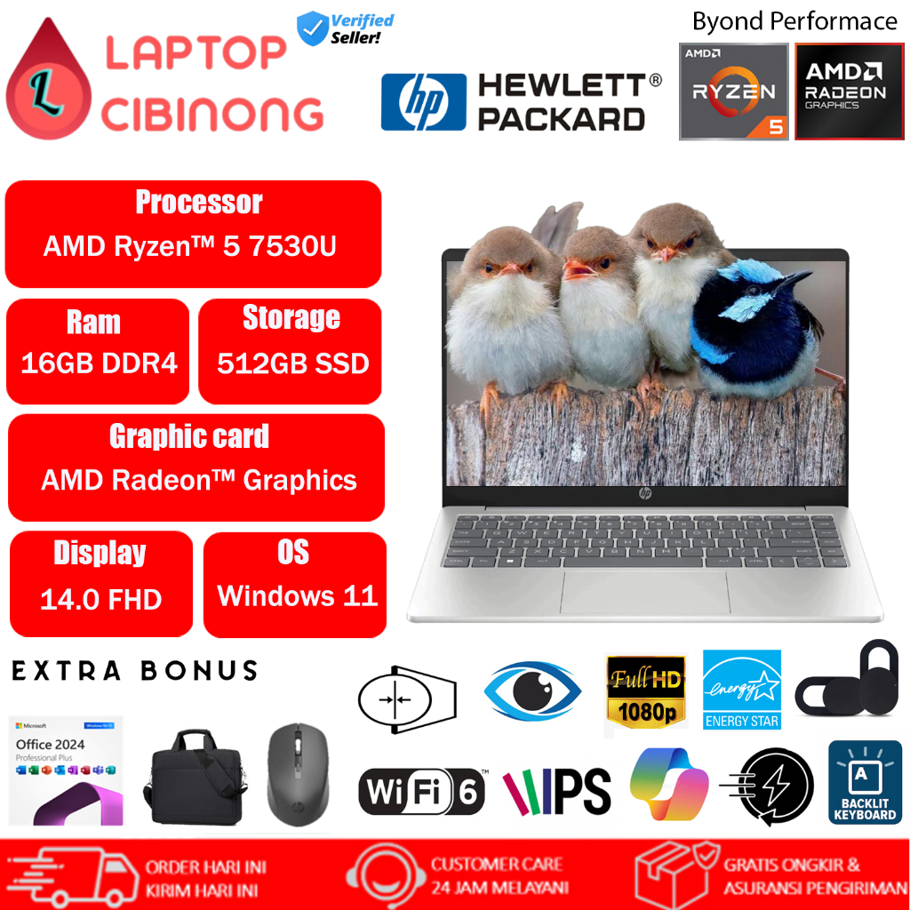 Laptop Baru Hp 14 AMD Ryzen 5 7530U Ram 16GB 1TB SSD FHD IPS Windows 11 Office 2024 Silver