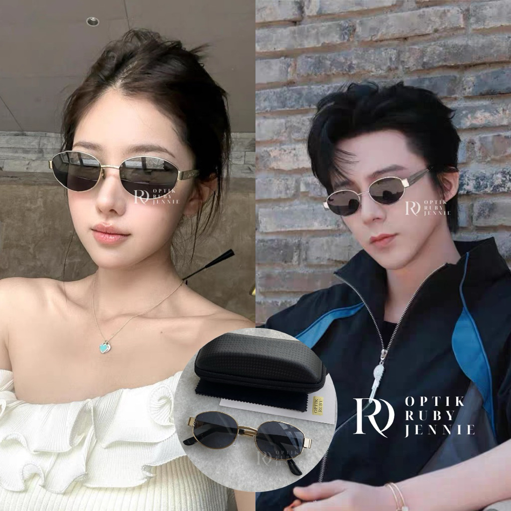Sunglass emas besi hitam kacamata artis korea frame lensa hitam