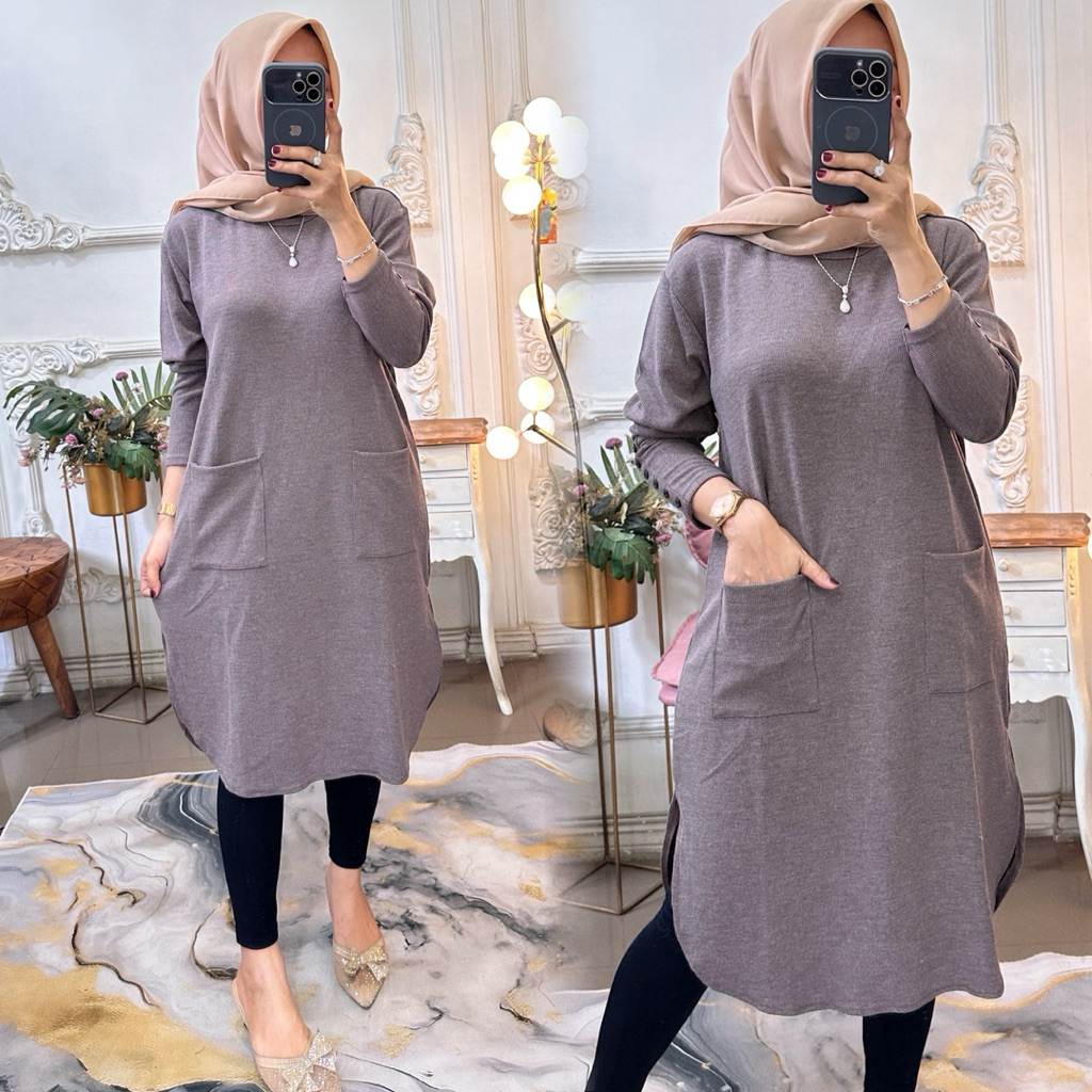 tunik saku atasan rajut mewah wanita