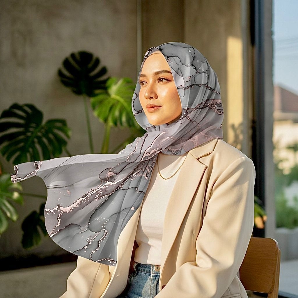 Hijab Pashmina Motif Printing Marmer Bahan Ceruty Babydoll Premium