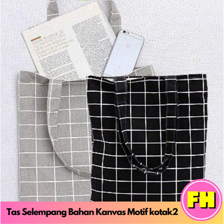 Tas Belanja Tote Bag Kain Wanita Bahan Kanvas motif kotak kotak - FH Beauty