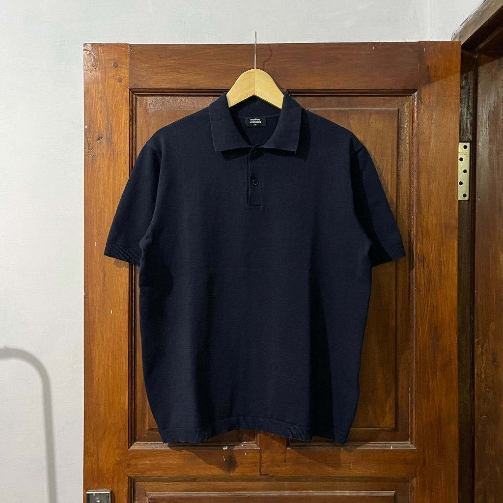 [M-L] Musinsa Standard Cotton Knitted Short Sleeve Tees I Blue Navy I Vintage Vtg Retro Kemeja Garis