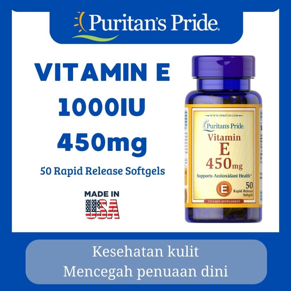 Puritan Pride Vitamin E 1000 IU 450 MG 50 Softgels untuk Kecantikan Kulit Kesehatan Jantung dan Imun