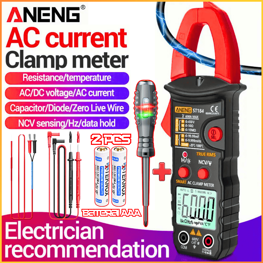 COD ANENG ST184 Tang Ampere AC/DC Digital LCD Clamp Meter + Obeng Tespen Listrik + 2 Pcs Baterai AAA